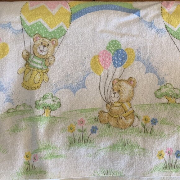 VTG Toddle Time Receiving Blanket Bears Hot Air Balloons Rainbow Cotton 26" x40" - Picture 2 of 5
